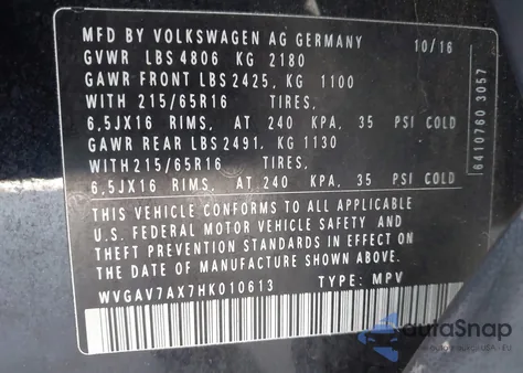 2017 Volkswagen Tiguan 2.0T/2.0T S from USA, damaged, VIN WVGAV7AX7HK010613